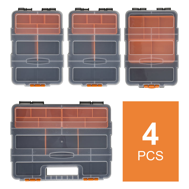 Set Of 4 Plastic DIY Tool Storage Boxes w/ Inside Dividers Locking Lids Home Garage Organisation Stacking Arts Crafts Bolts Black Orange
