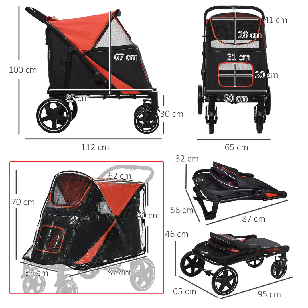 PawHut One-Click Foldable Pet Travel Stroller with Rain Cover, Cat Dog Pushchair with Front Wheels, Shock Absorber, Storage Bags, Mesh