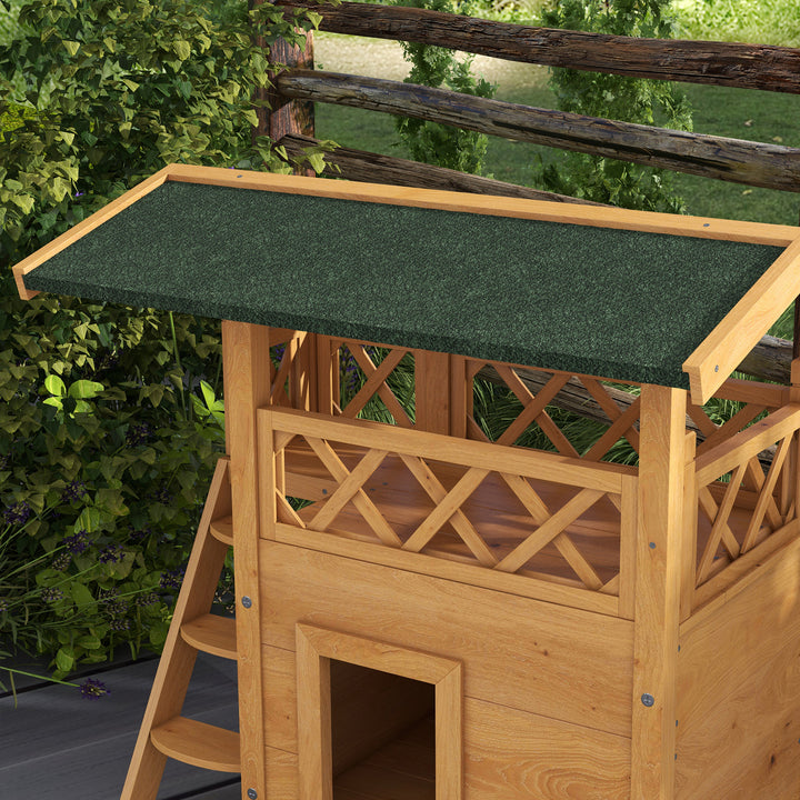 Cat House Outdoor w/ Balcony Stairs Roof, 77 x 50 x 73 cm, Natural Wood Finish