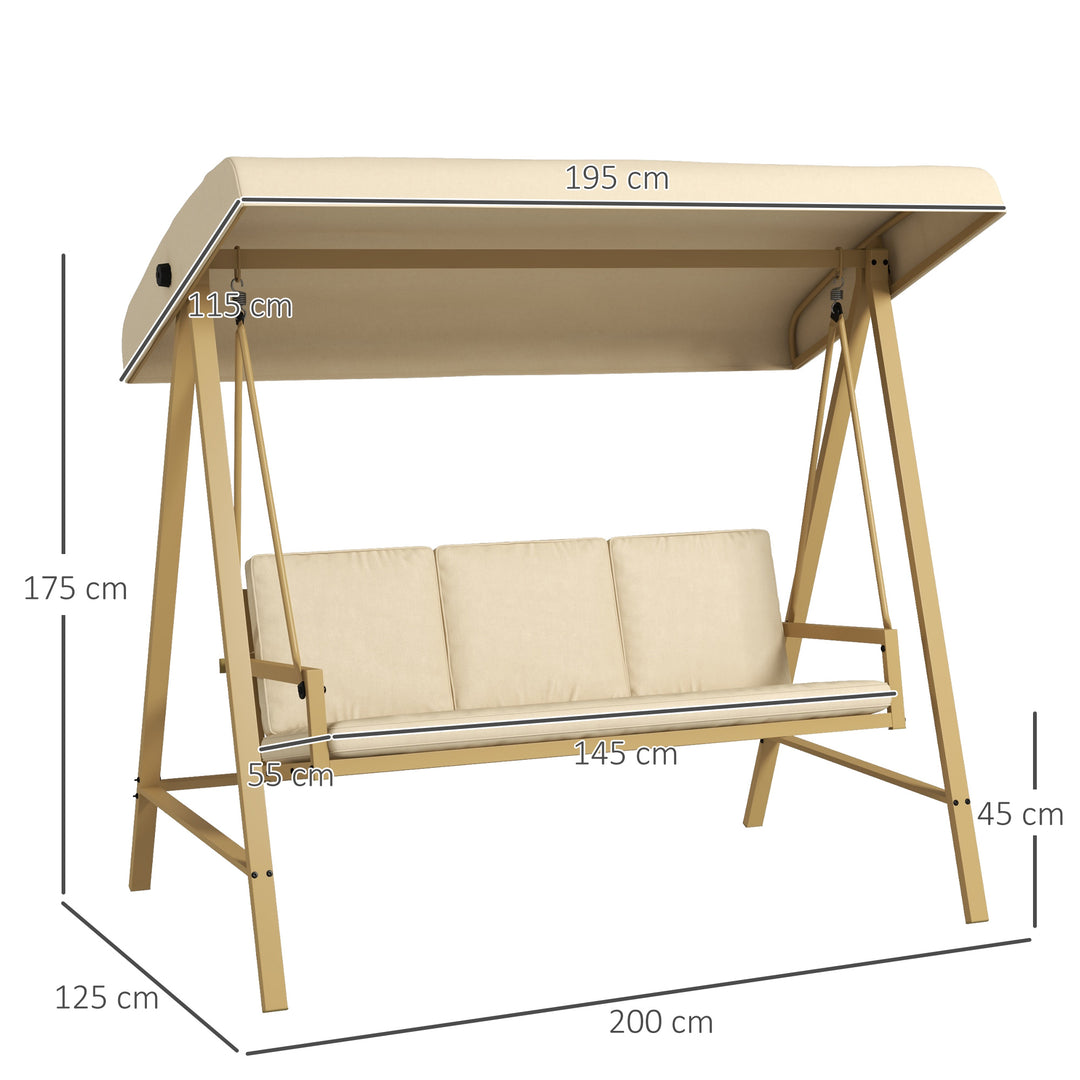 Three-Seat Garden Swing Chair, with Adjustable Canopy - Beige