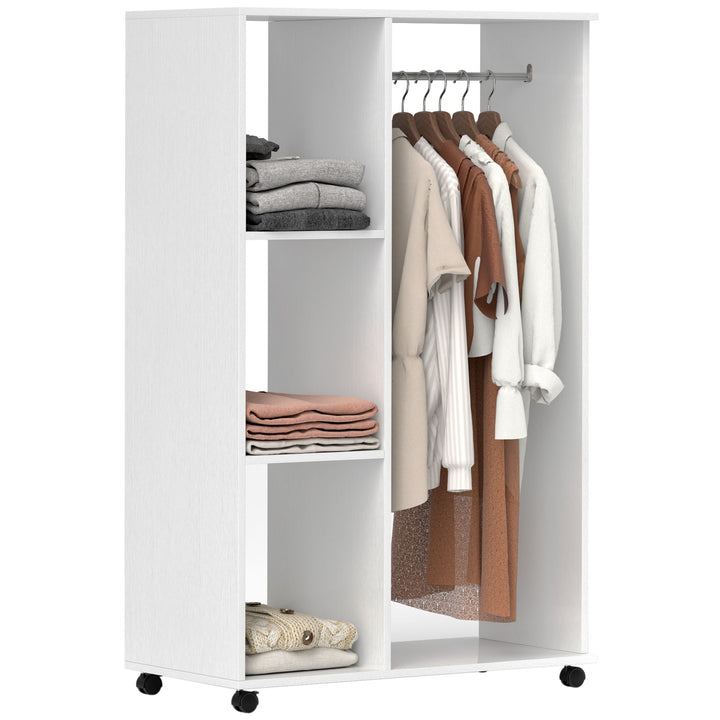 MCL Open Wardrobe on Wheels, Bedroom Wardrobe with Clothes Hanging Rail, 3 Storage Shelves, Mobile Garment Rack for Cloakroom, Hallway, White