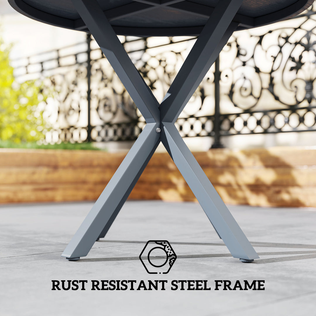 Garden Table, 85cm Round Outdoor Dining Table with Steel Frame, Wood Effect Top, for Balcony, Deck, Dark Grey
