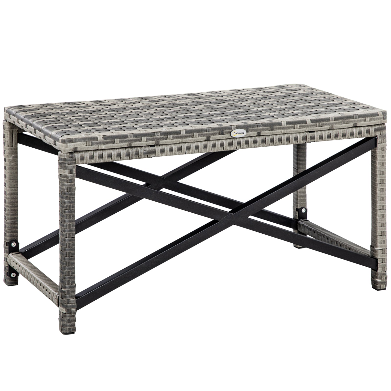 Outdoor Coffee Table, Garden PE Rattan Side Table with Plastic Board Under the Full Woven Table Top and X-Shape Frame for Patio, Balcony, Mixed Grey