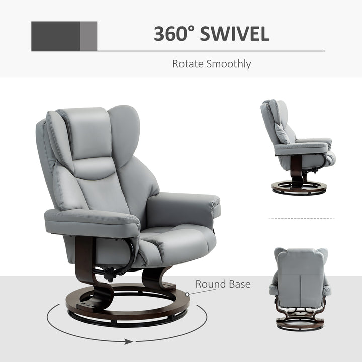 360° Swivel Recliner Chair with Footstool, PU Leather Manual Recliner Armchair with Solid Wood Base, Upholstered Reclining Chair for Living Room, Bedroom, Office, Light Grey