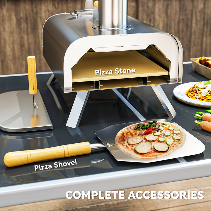 Outdoor Pizza Oven, Portable Wood Pellet Pizza Oven with Pizza Stone and Peel, Foldable Legs, Chimney, 12 Inch Wood Fired Pizza Maker for Outdoor Cooking, Stainless Steel