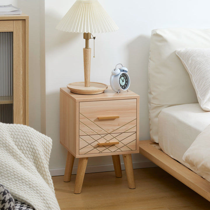 HOMCOM Scandinavian Bedside Cabinet with Drawers, Bedside Table with Wood Legs for Bedroom, Natural