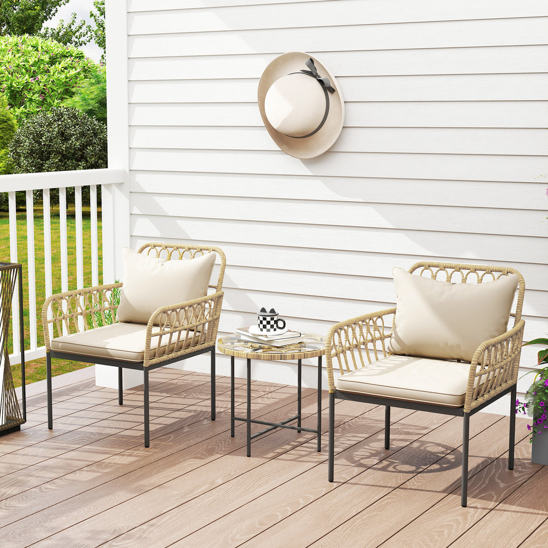 3 Piece Rattan Bistro Set, Wicker Garden Furniture Set with Cushions, Glass Top Coffee Table and Chairs for Outdoor, Patio, Balcony, Beige