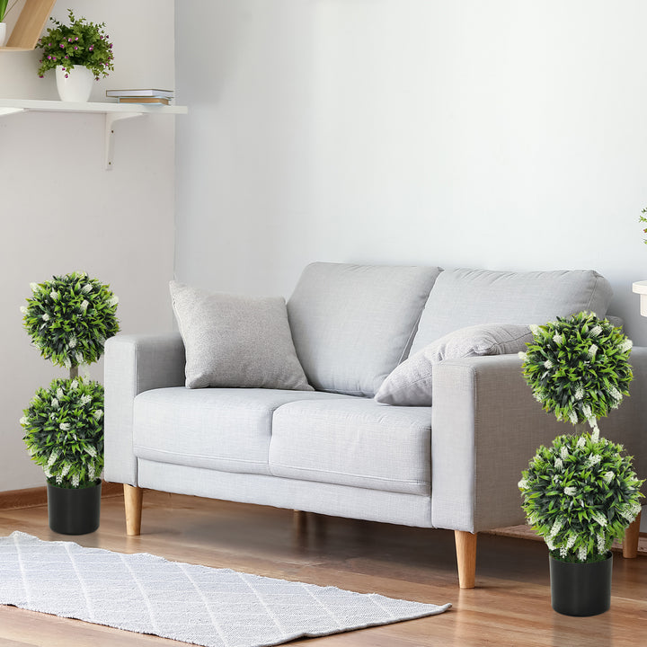 Set of 2 Decorative Artificial Plants Ball Trees with Lavender Flowers in Pot Fake Plants for Home Indoor Outdoor Decor, 70cm, White