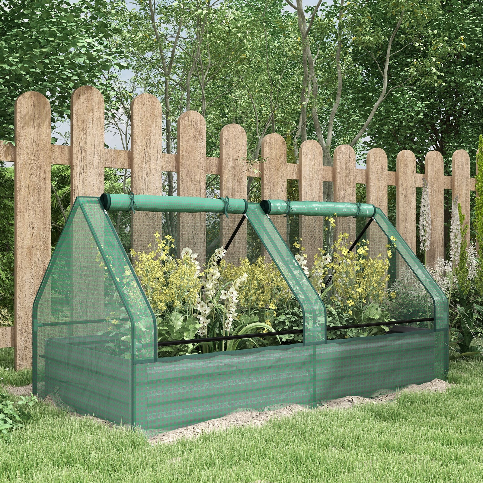 Metal Planter Box with Cover, Raised Garden Bed with Greenhouse, for Herbs and Vegetables, Green and Dark Grey