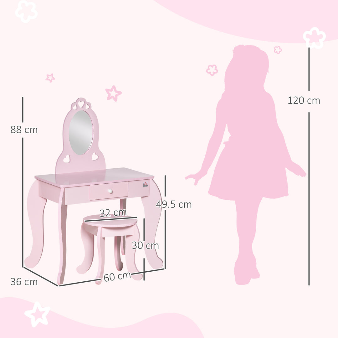 HOMCOM Kids Vanity Table & Stool Girls Dressing Set Make Up Desk Chair Dresser Play Set with Mirror Pink | Aosom UK