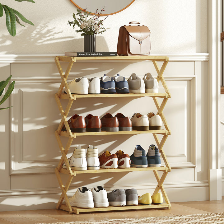Five-Tier Folding Bamboo Shoe Rack - Natural Finish