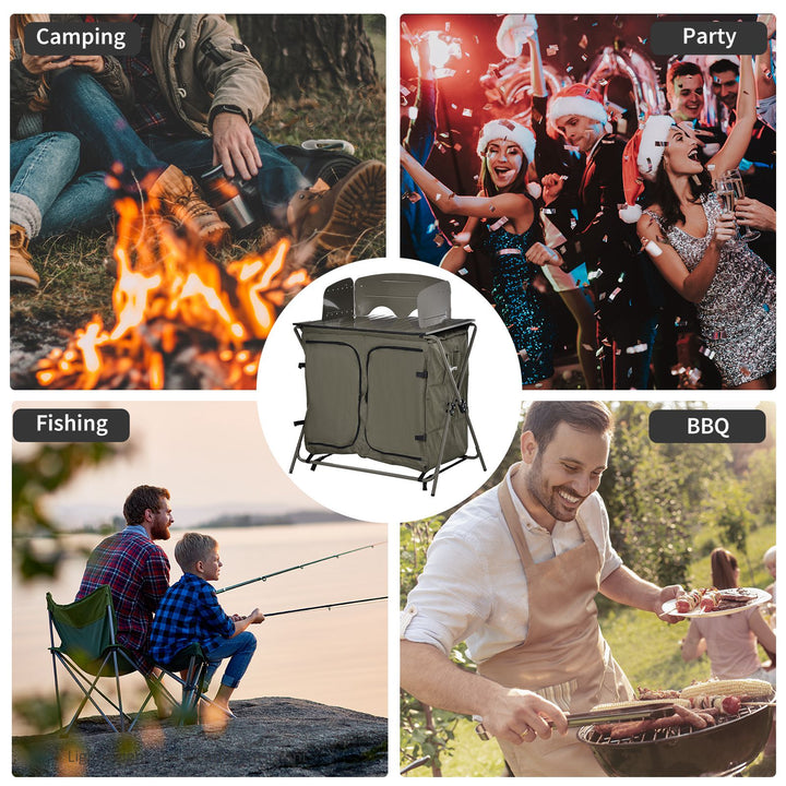 Camping Cupboard Foldable Camping Kitchen Storage Unit w/ Windshield & 6 Shelves for BBQ Party Picnics Backyards with Carrying Bag