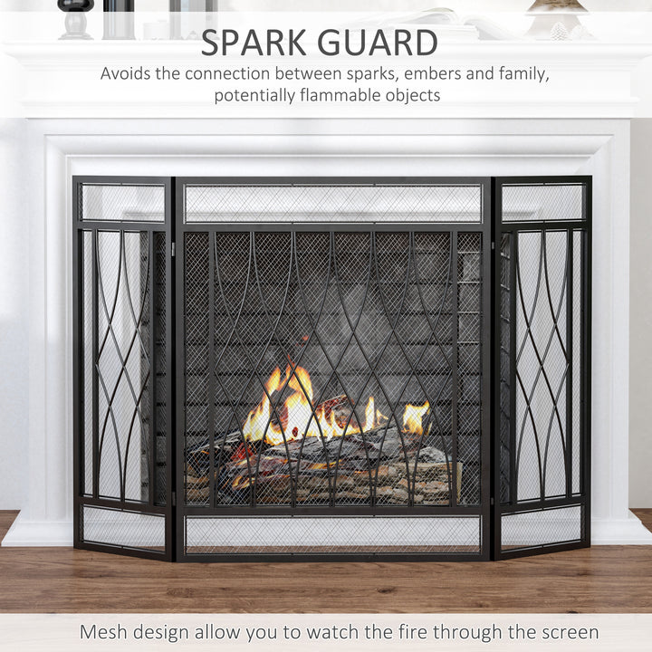 HOMCOM 3-Panel Folding Fireplace Screen, Metal Mesh Fire Spark Guard, 126L x 3W x 80H cm-Black | Aosom UK