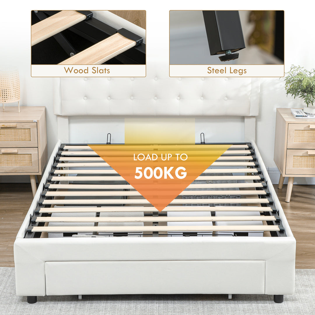 4ft6 Double Ottoman Bed Frame, with Front Drawer - Cream