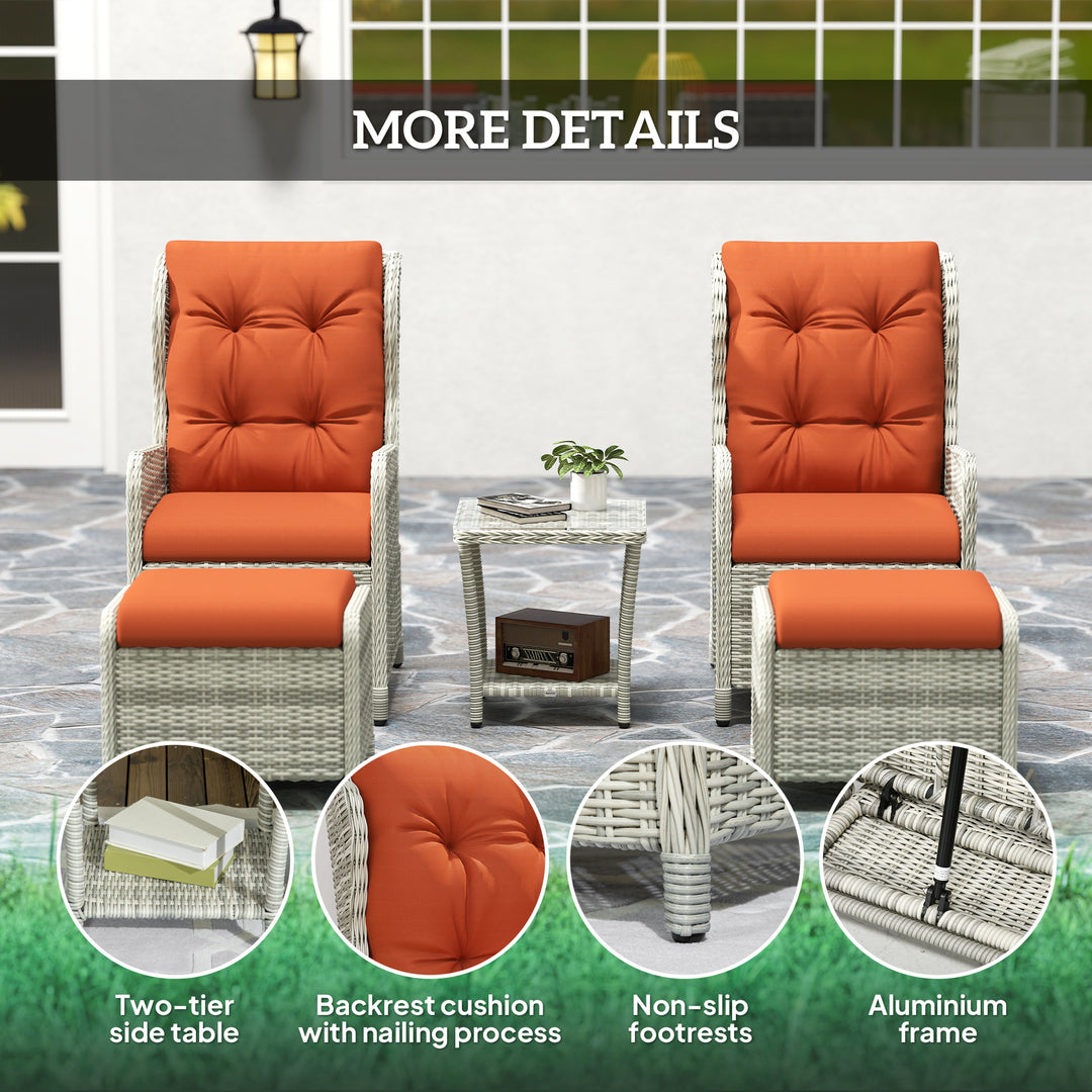 5 Pieces Rattan Bistro Set with Adjustable Back, Reclining Wicker Balcony Furniture with Cushions, Glass Top Coffee Table and Footstools, Outdoor Table and Chairs, Orange