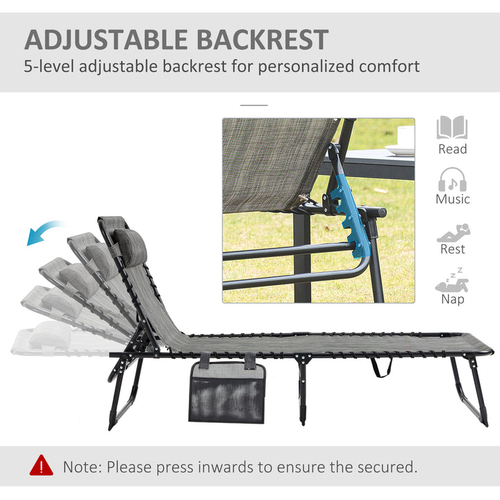 Portable Sun Lounger, Folding Camping Bed Cot, Reclining Lounge Chair 5-position Adjustable Backrest with Side Pocket, Pillow for Patio Garden Beach Pool, Mixed Grey