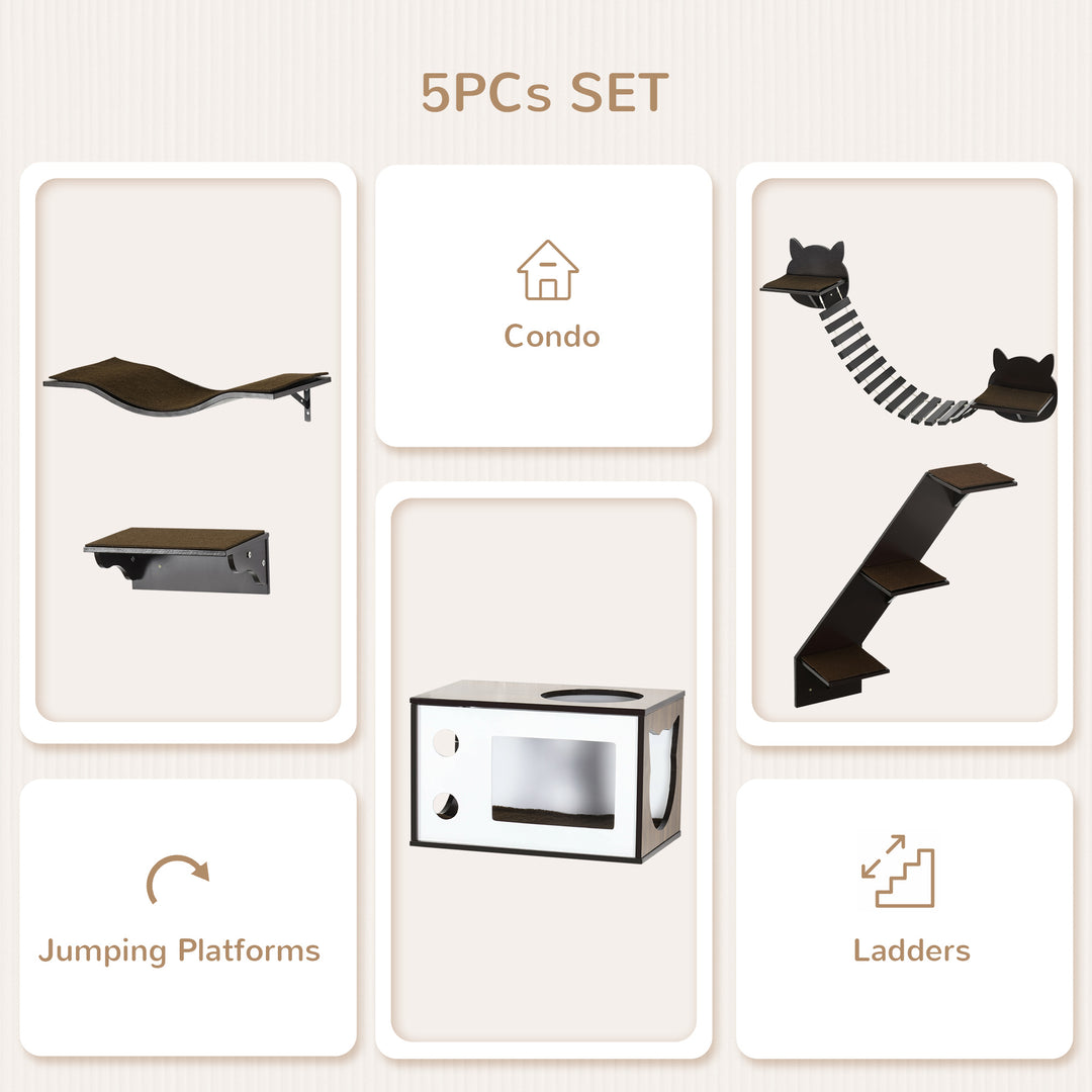 5 Piece Cat Wall Shelves, Wall-Mounted Cat Tree for Indoor Use - Brown