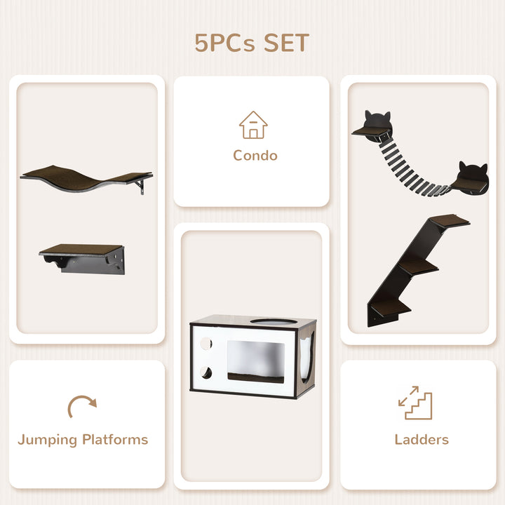 5 Piece Cat Wall Shelves, Wall-Mounted Cat Tree for Indoor Use - Brown