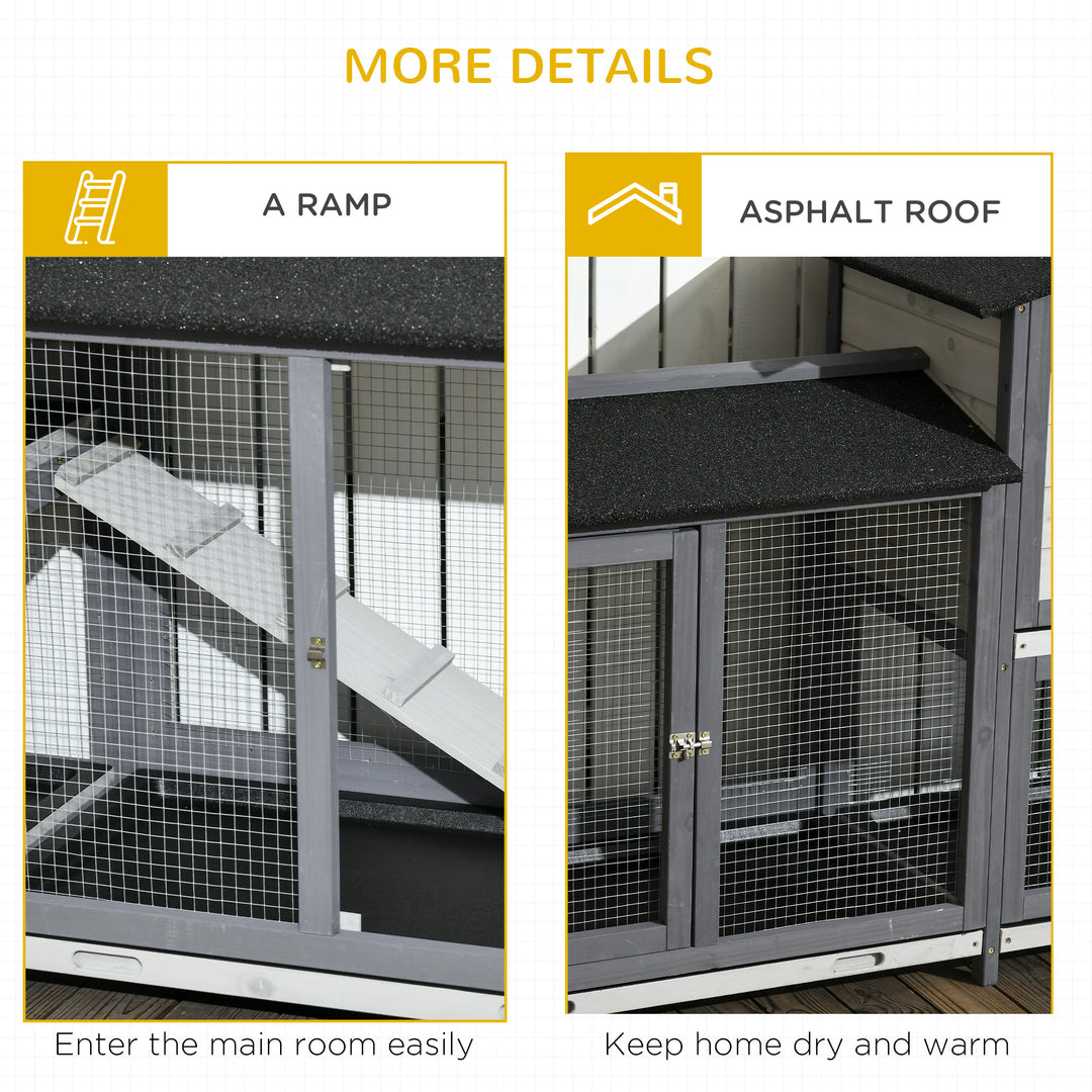 2-Tier Large Rabbit Hutch Outdoor with Double Side Run Boxes, No-leak Plastic Tray, Ramp, 230 x 53 x 93.5cm, Light Grey