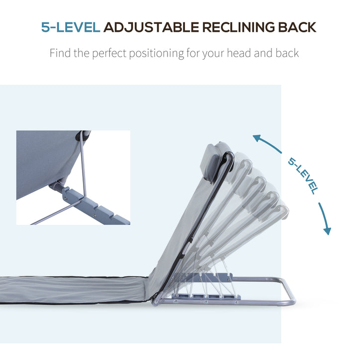 MCL Set of 2 Foldable Garden Beach Chair Mat Lightweight Outdoor Sun Lounger Seats Adjustable Back Metal Frame PE Fabric Head Pillow w/ Carry Bag,Grey