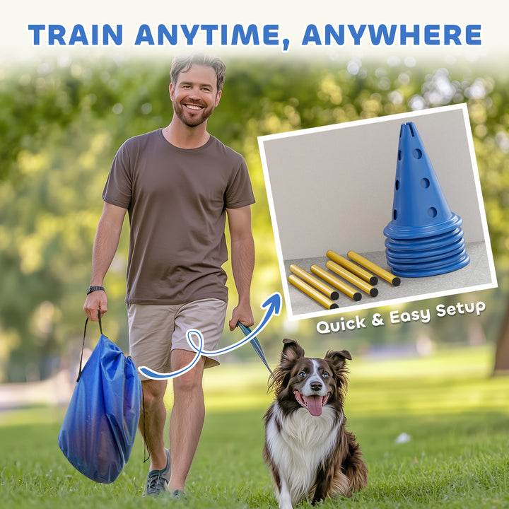 Dog Agility Equipment Set of Six Cones, Six Poles with Carry Bag, Three-Piece Adjustable Height Jumping Obstacles, Blue