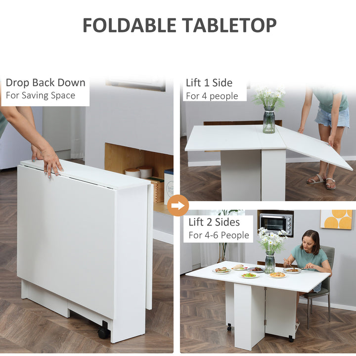 MCL Folding Dining Table, Drop Leaf Table with 2-Tier Shelves, Rolling Casters, for Small Spaces, Kitchen, White