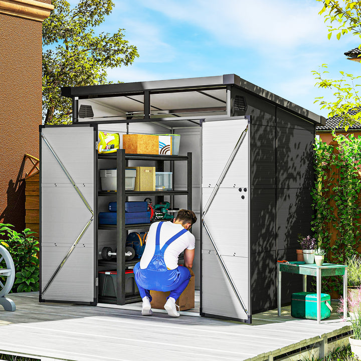 6 x 6ft Outdoor Storage Shed, Plastic Garden Shed with Windows and Air Vents, Outdoor Resin Tool Shed with Latch Doors for Garden, Deck, Dark Grey