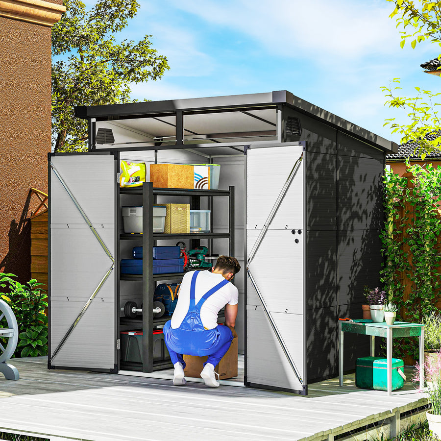 6 x 6ft Outdoor Storage Shed, Plastic Garden Shed with Windows and Air Vents, Outdoor Resin Tool Shed with Latch Doors for Garden, Deck, Dark Grey
