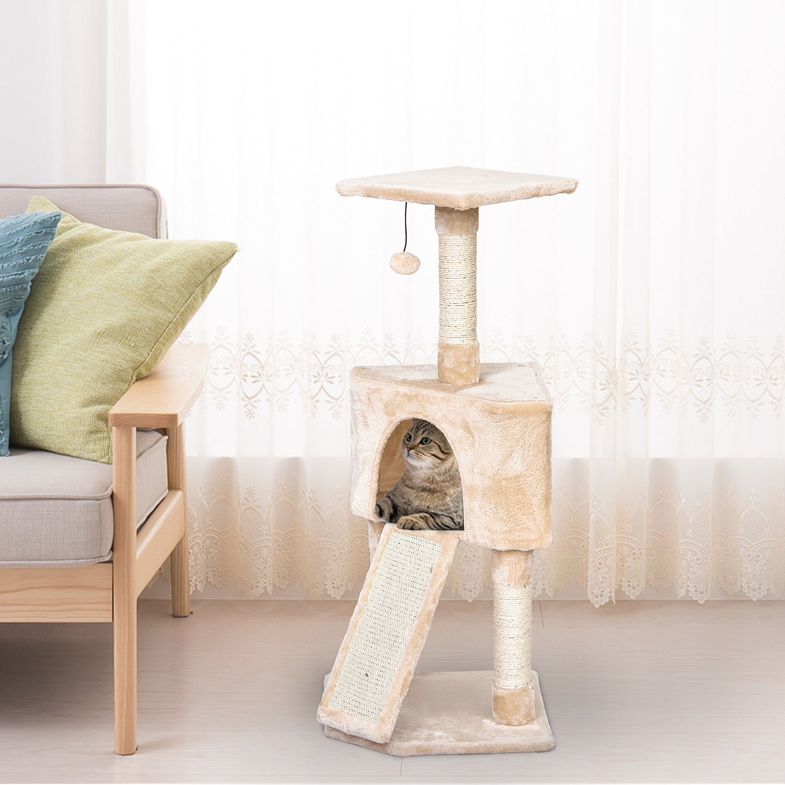Corner Cat Tree for Indoor Cats, Kitten Tower with Scratching Post House Ladder Toy - Beige
