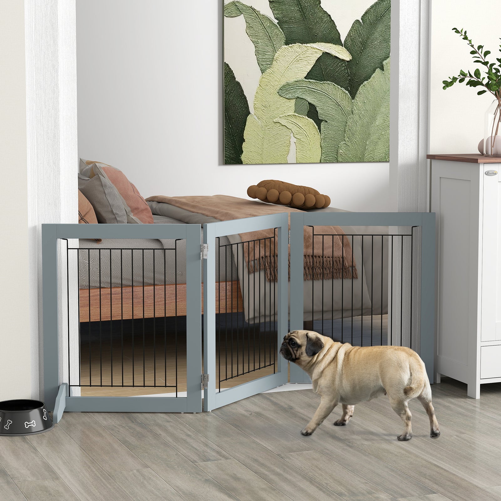 Foldable Pet Gate, with Three Panels & Two Support Feet - Grey