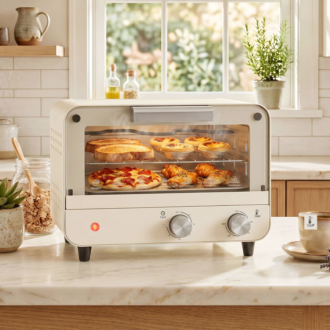 Mini Oven, Small Toaster Oven with Glass Door, Adjustable Temperature 