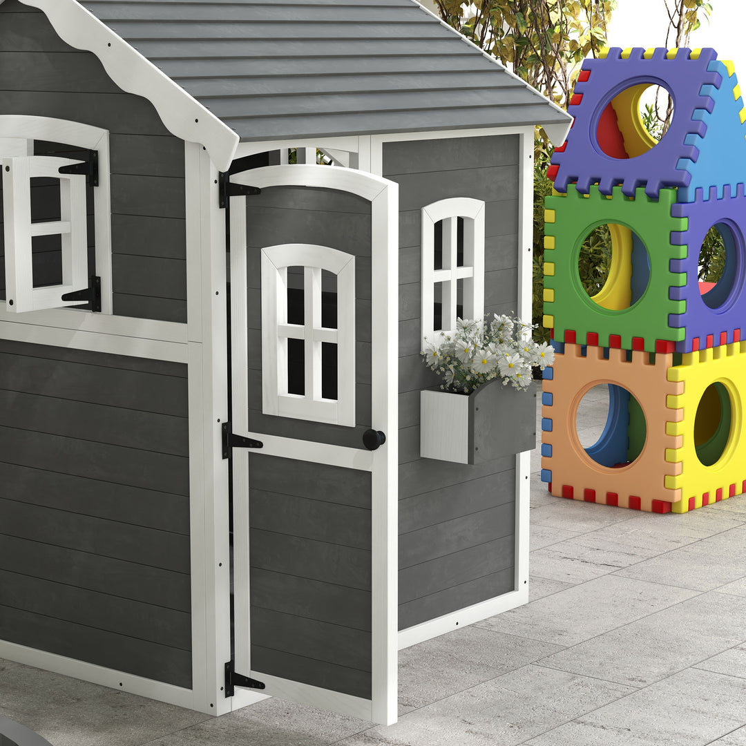 Wooden Playhouse for Kids with Doors, Windows, Plant Box, Floors, for Ages 3-8 Years, for Gardens, Lawns, Patios - Grey
