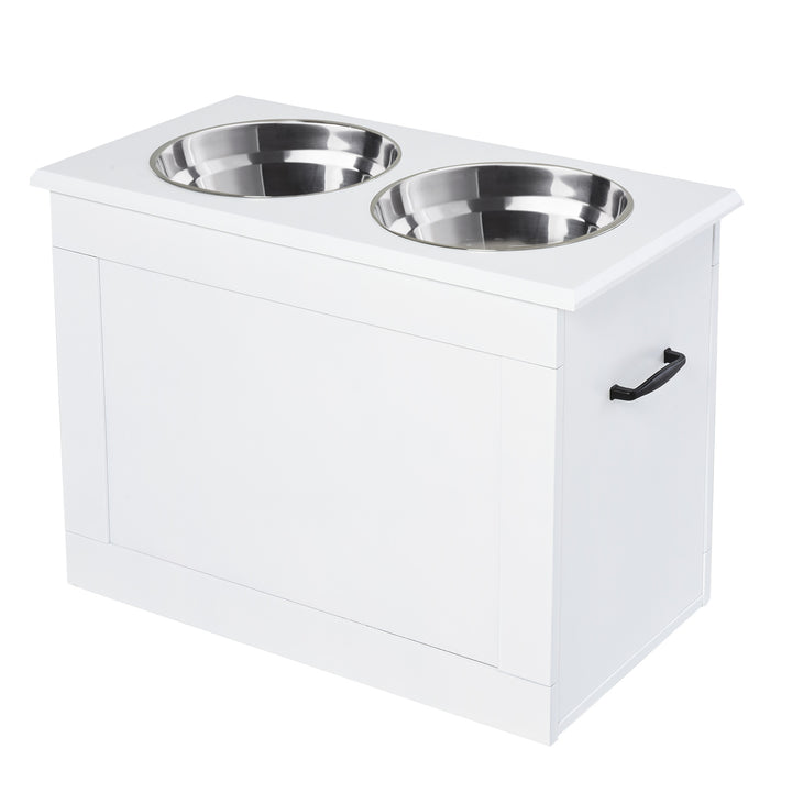 MCL Raised Dog Bowls, with Storage, Two Stainless Steel Bowls, Elevated Base - White