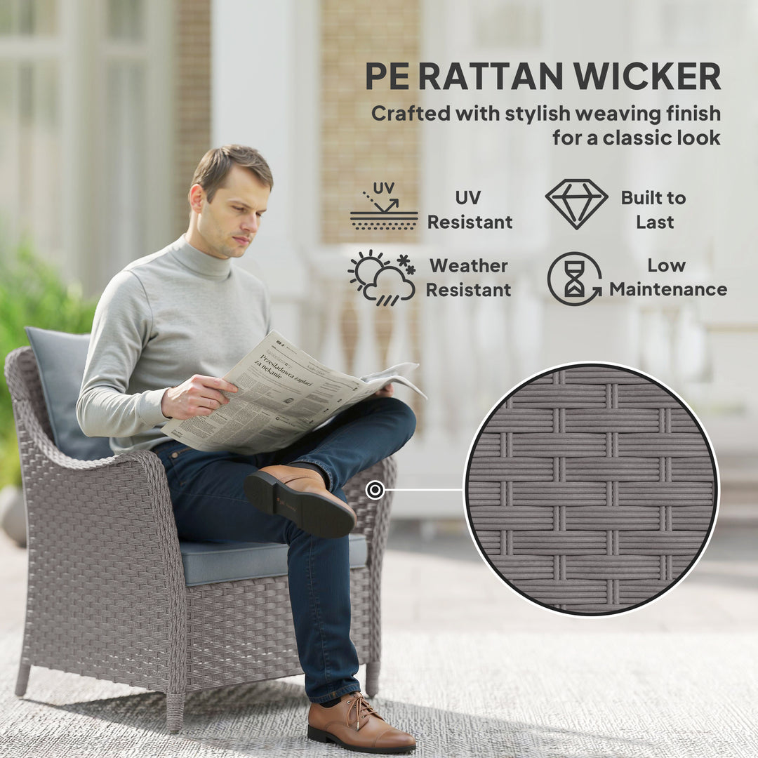 Rattan Garden Chairs Set of 2, Outdoor Rattan Chairs with Cushions, Armrests and High Back, PE Wicker Garden Armchair with Steel Frame for Balcony, Porch, Light Grey