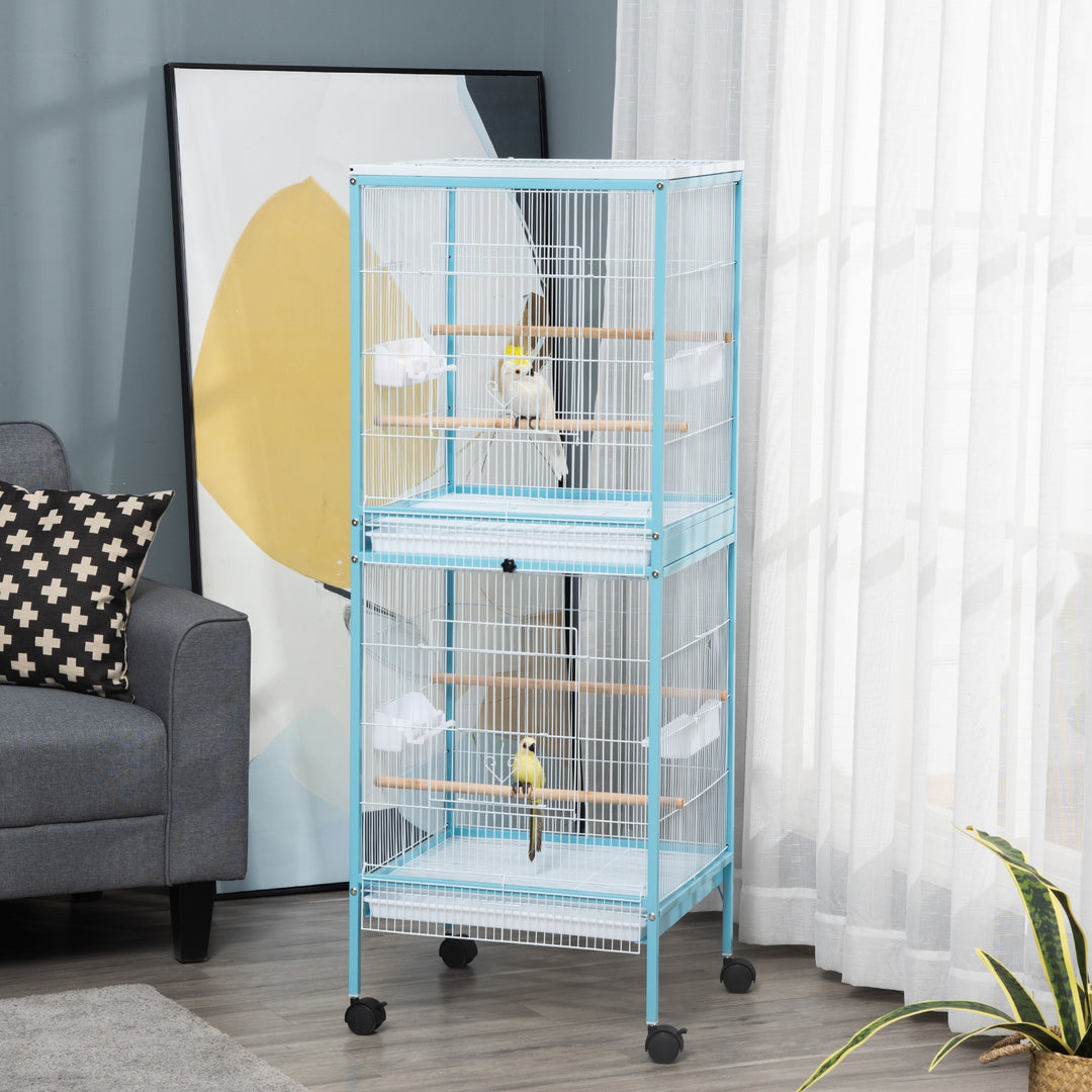 PawHut 2-In-1 Large Bird Cage Aviary, Mobile, Slide-out Trays, Wooden Perch, Feeding Bowls, for Finches Canaries Budgies, Sky Blue | Aosom UK