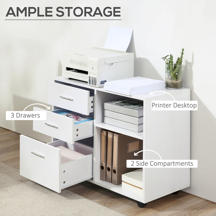 Freestanding Printer Stand Unit Office Desk Side Mobile Storage w/ Wheels 3 Drawers, 2 Open Shelves Modern Style 80L x 40W x 65H cm - White