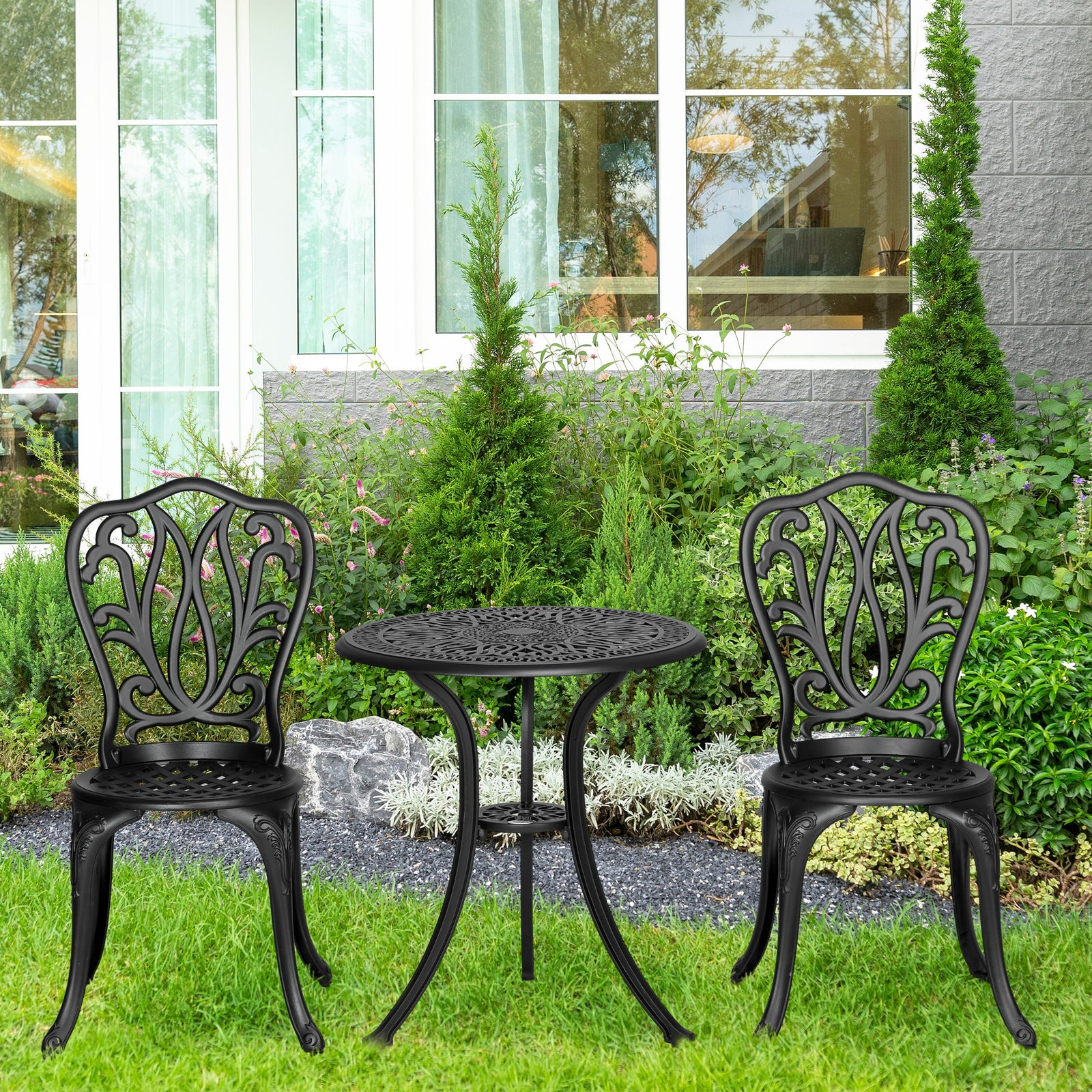 3 Piece Garden Bistro Set, Cast Aluminium Outdoor Furniture Set with Umbrella Hole for Balcony, Porch, Patio, Black
