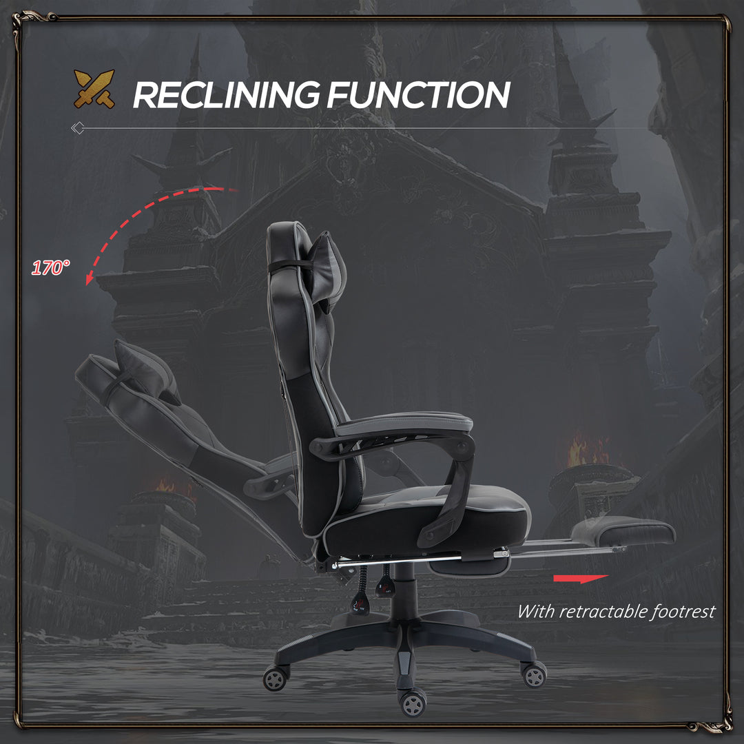 Computer Gaming Chair, Racing Desk Chair with Lumbar Support and Footrest, PU Leather Gamer Chair with Headrest and Swivel Wheels for Home, Grey
