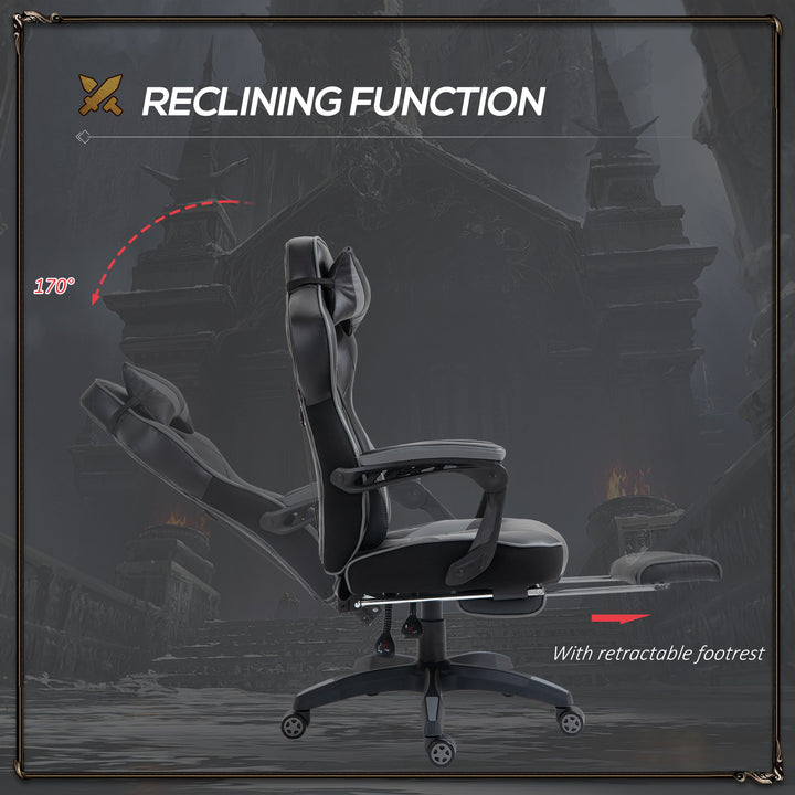 Computer Gaming Chair, Racing Desk Chair with Lumbar Support and Footrest, PU Leather Gamer Chair with Headrest and Swivel Wheels for Home, Grey