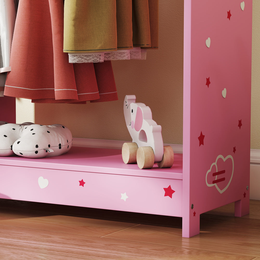 Kids Clothes Rail, Kids Wardrobe with Mirror, Shelves, Fabric Storage and Hooks for Bedroom, Nursery