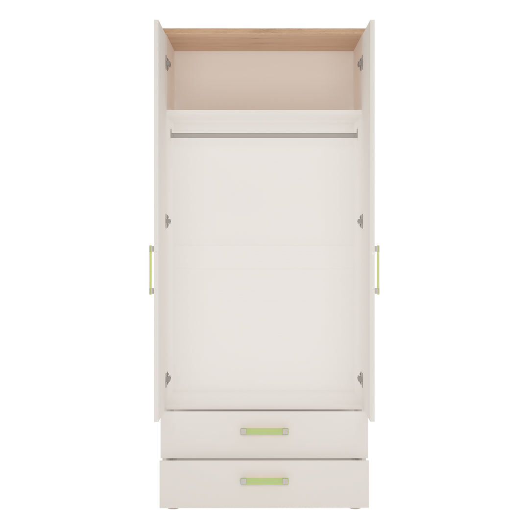 4Kids 2 Door 2 Drawer Wardrobe in Light Oak and white High Gloss (lemon handles)