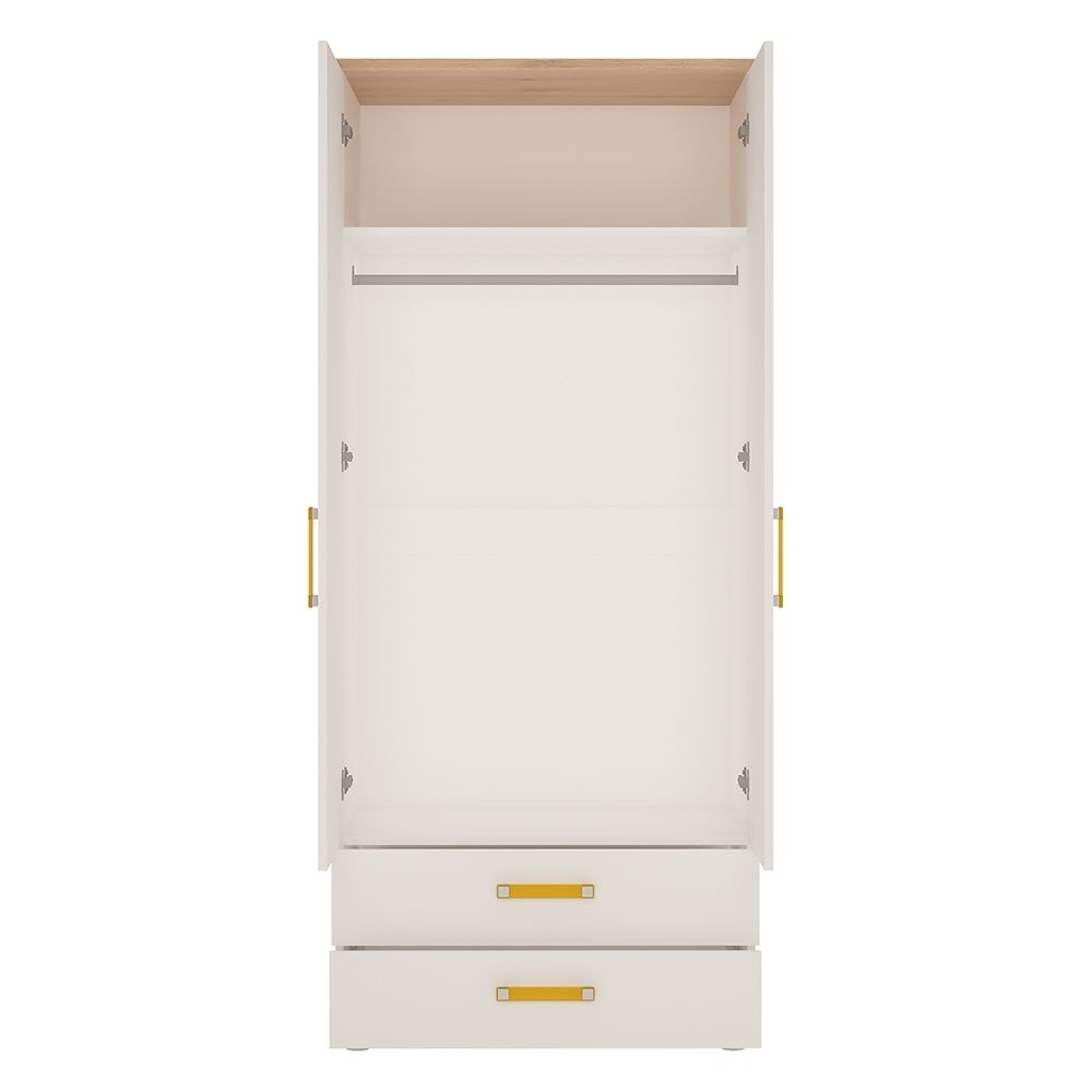 4Kids 2 Door 2 Drawer Wardrobe in Light Oak and white High Gloss (orange handles)