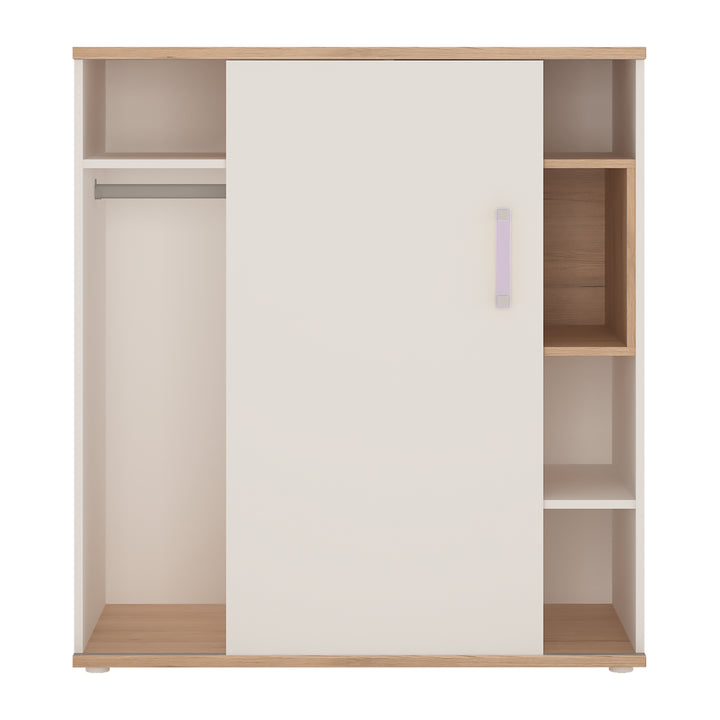 4Kids Low Cabinet with shelves (Sliding Door) in Light Oak and white High Gloss (lilac handles)