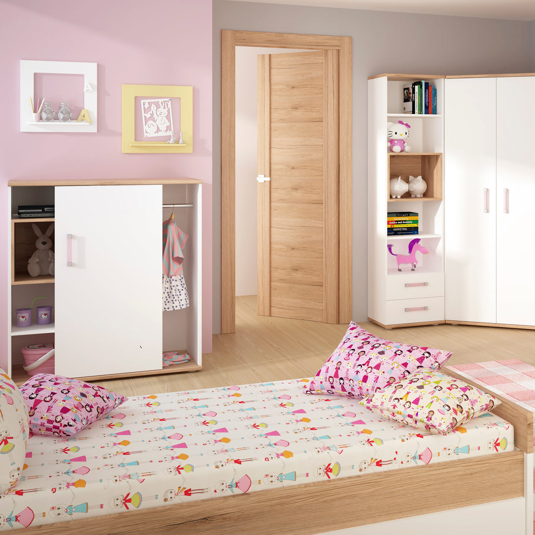 4Kids Low Cabinet with shelves (Sliding Door) in Light Oak and white High Gloss (lilac handles)