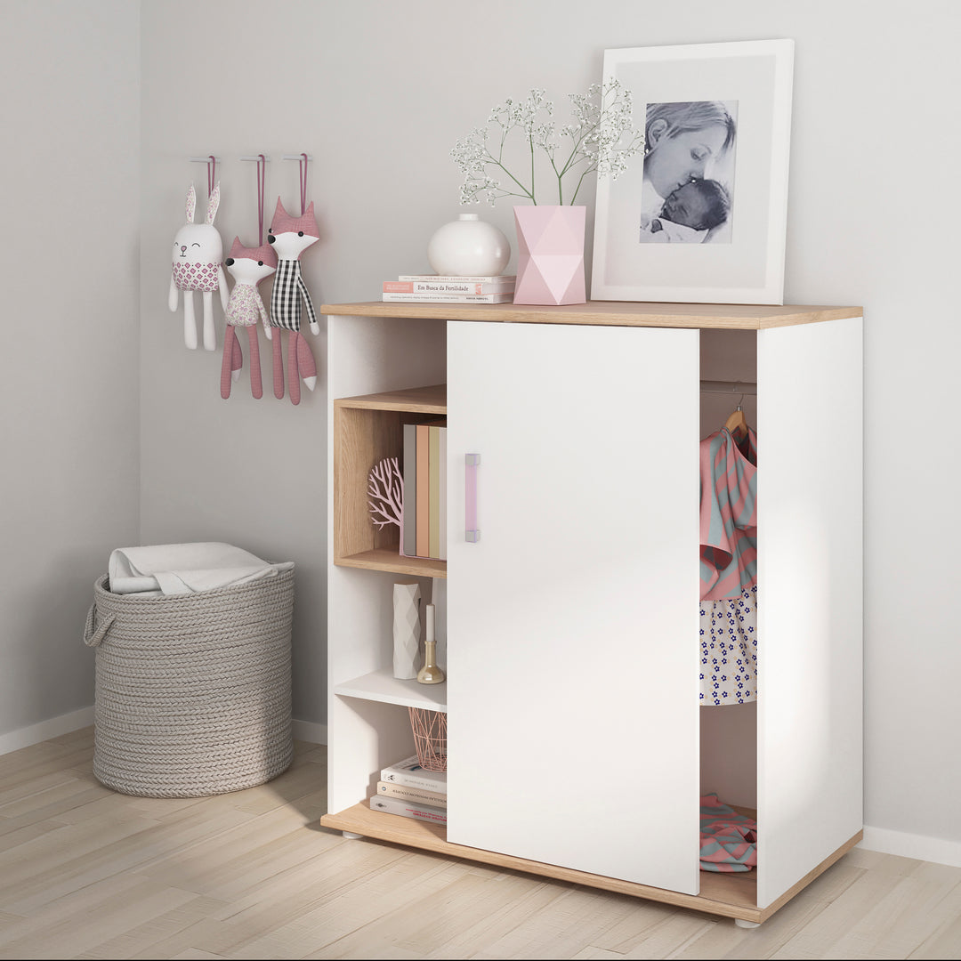 4Kids Low Cabinet with shelves (Sliding Door) in Light Oak and white High Gloss (lilac handles)