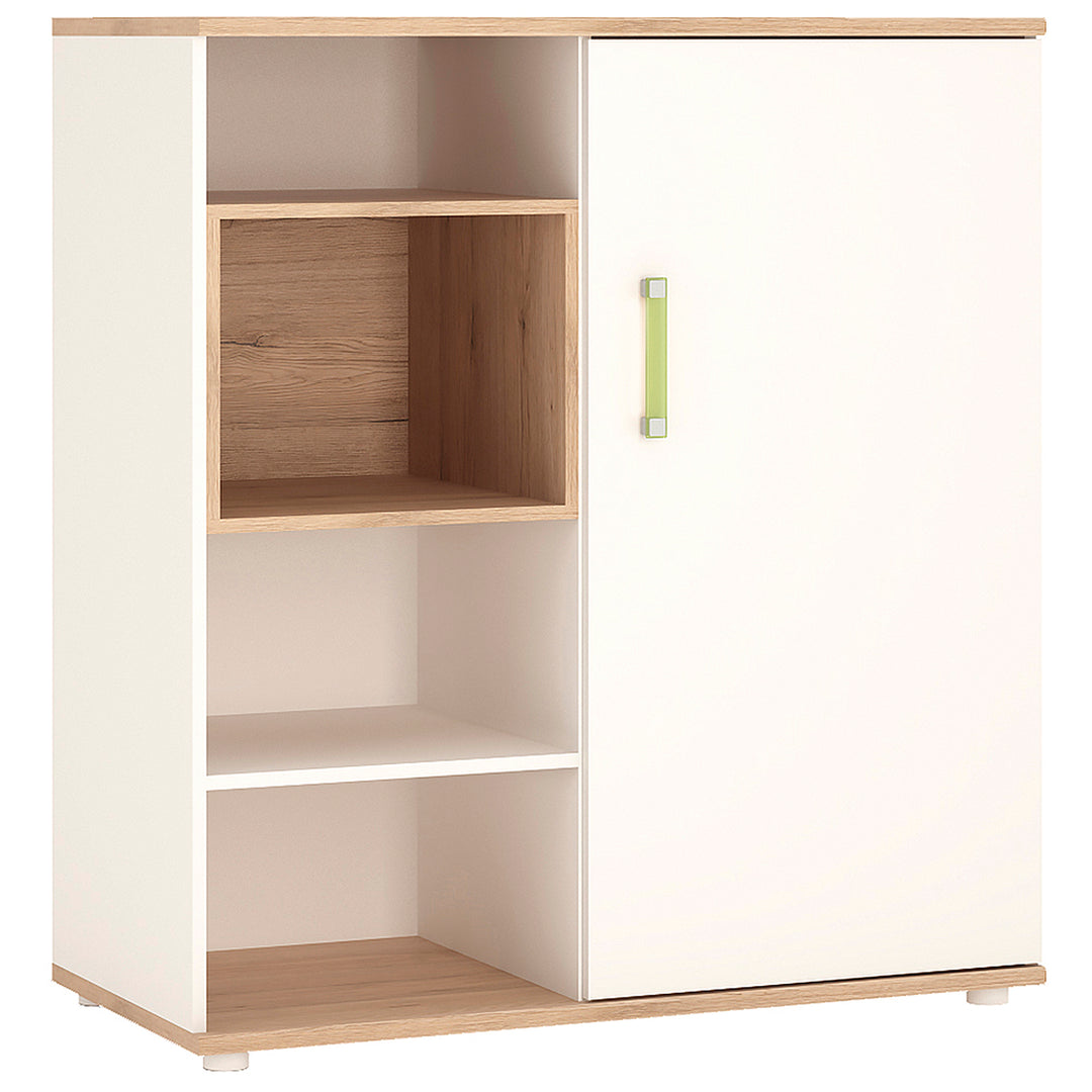 4Kids Low Cabinet with shelves (Sliding Door) in Light Oak and white High Gloss (lemon handles)