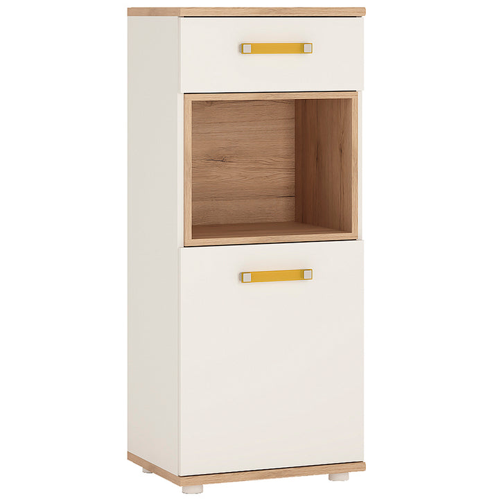 4Kids 1 Door 1 Drawer Narrow Cabinet in Light Oak and white High Gloss (orange handles)