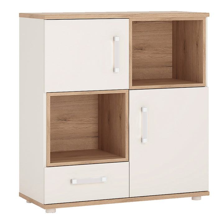 4Kids 2 Door 1 Drawer Cupboard with 2 open shelves in Light Oak and white High Gloss (opalino handles)