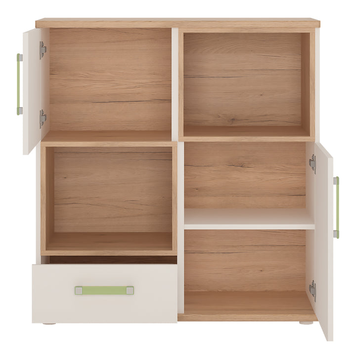 4Kids 2 Door 1 Drawer Cupboard with 2 open shelves in Light Oak and white High Gloss (lemon handles)
