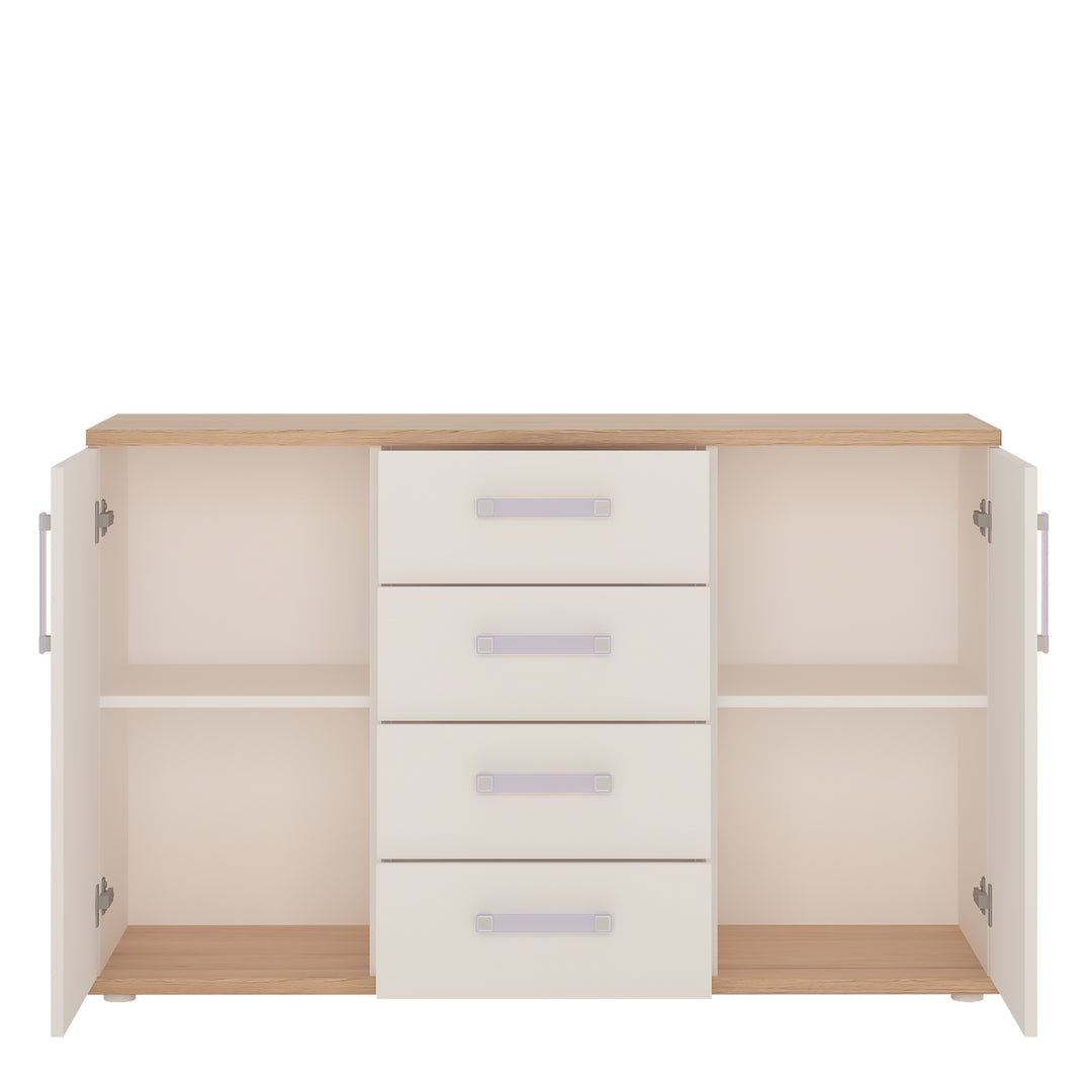 4Kids 2 Door 4 Drawer Sideboard in Light Oak and white High Gloss (lilac handles)